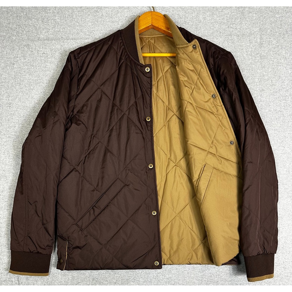 Banana Republic Quilted Bomber Jacket Mens M Brown Reversible Snap Front Coat